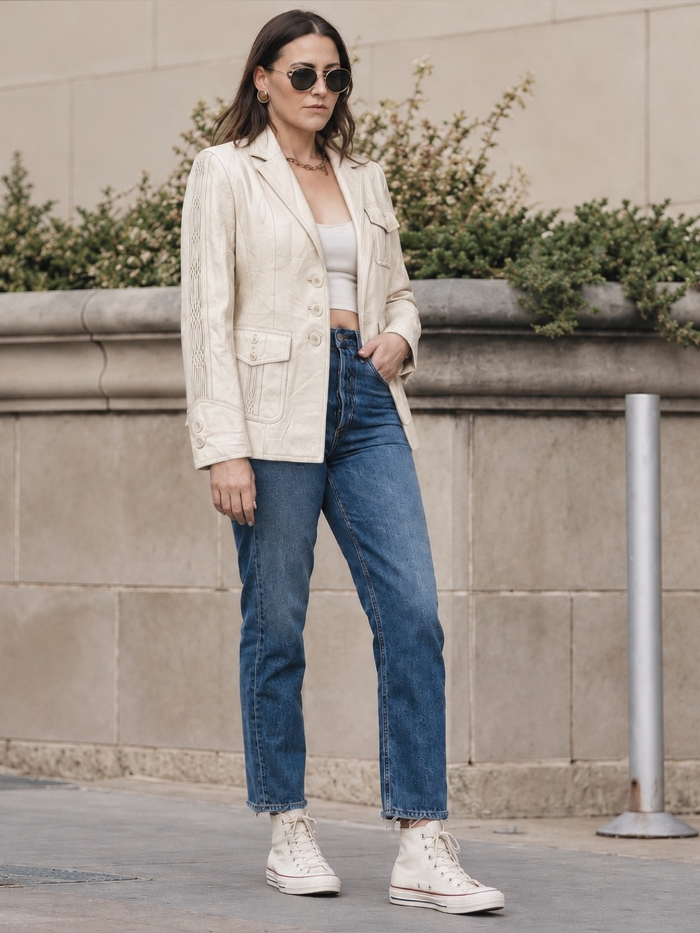 Vintage Pamela McCoy Leather Blazer Cream White Y2K Boho Moto Utility, XS